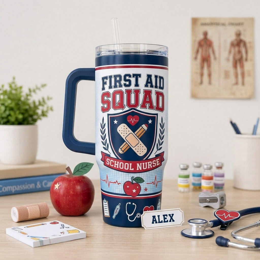Personalized First Aid Squad School Nurse 40oz Tumbler with Handle, Custom Name Medical Gift