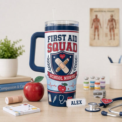 Personalized First Aid Squad School Nurse 40oz Tumbler with Handle, Custom Name Medical Gift