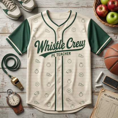 Personalized PE Teacher Baseball Jersey - Custom Coach Name Whistle Crew Sport Shirt for Gym Teachers