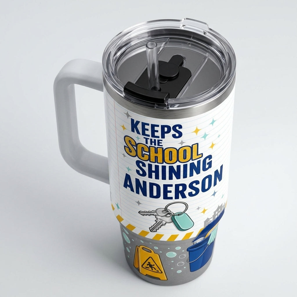Personalized Custodian 40oz Tumbler with Handle - Keeps The School Shining Custom Name Janitor Gift - 40oz tumbler mockup 5