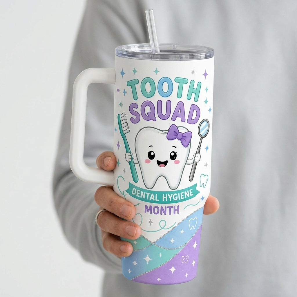 Personalized Tooth Squad 40oz Tumbler with Handle - Custom Name Dental Hygiene Month Gift