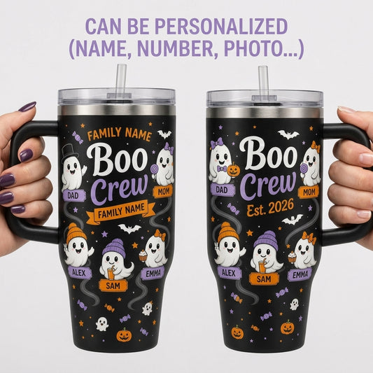 Personalized Boo Crew Halloween Ghost 40oz Tumbler with Handle - Custom Family Name & Member Gift
