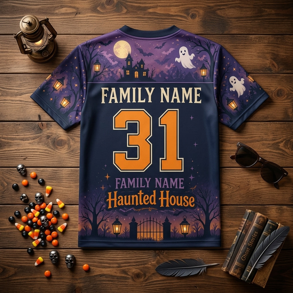 Personalized Haunted House Family Night Football Jersey - Custom Family Name and Number Halloween Mesh Shirt