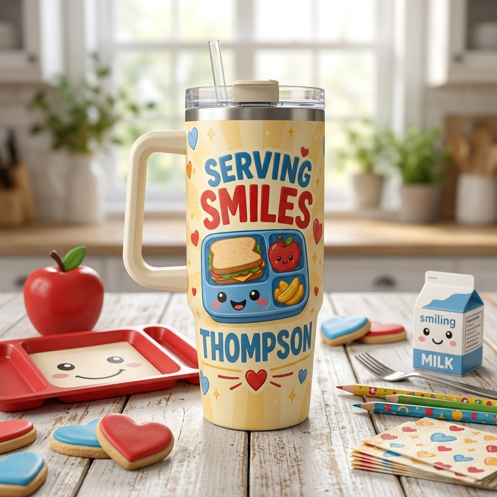 Personalized Lunch Lady Tumbler 40oz with Handle Serving Smiles Custom Name Cafeteria Gift