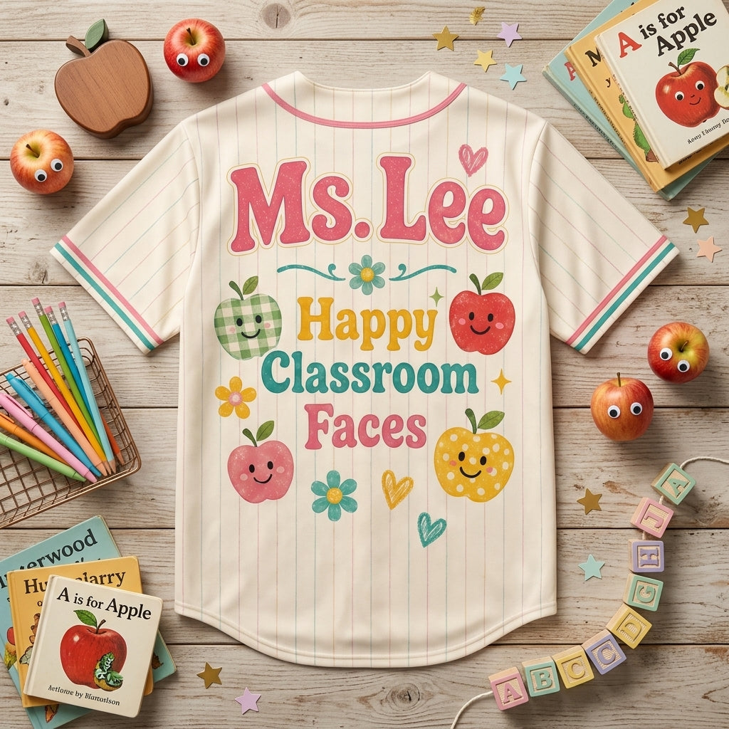 Personalized Teacher Baseball Jersey - Custom Name Happy Classroom Faces Apple Design Back to School Apparel