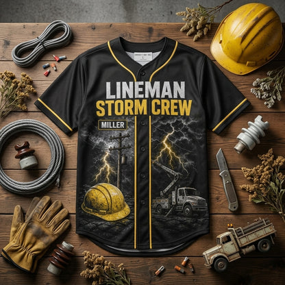 Personalized Lineman Storm Crew Baseball Jersey - Custom Name Utility Worker Lights Back On Apparel