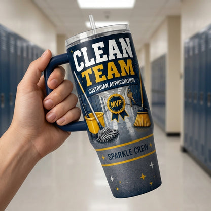 Personalized 40oz Tumbler with Handle - Custom Custodian Appreciation Gift, Clean Team MVP