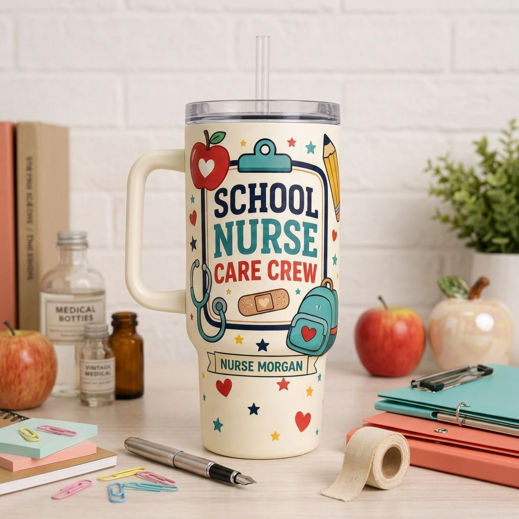 Personalized School Nurse Care Crew 40oz Tumbler with Handle - Custom Name Keeping Tiny Humans Healthy Mug
