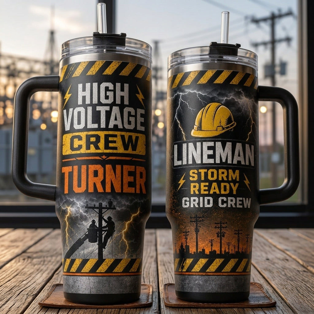 Personalized Lineman High Voltage Crew 40oz Tumbler with Handle - Custom Storm Ready Gift