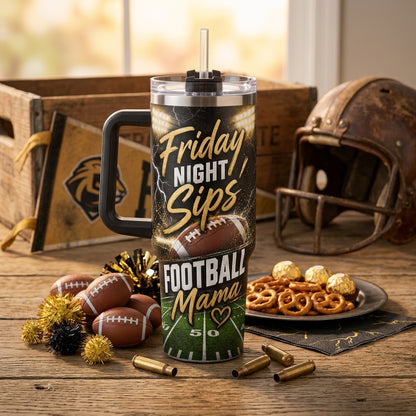Personalized Football Mama 40oz Tumbler with Handle - Custom Name & Number Game Night Cup