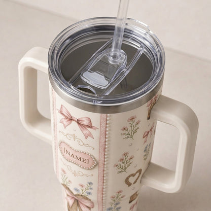 Personalized Pink Coquette Cowboy Boots 40oz Tumbler with Handle, Western Boho Floral Custom Name Travel Mug Gift