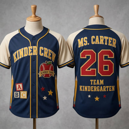 Personalized Kindergarten Teacher Baseball Jersey - Custom Name Kinder Crew School Spirit Apparel