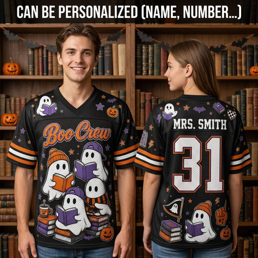 Personalized Boo Crew Halloween Teacher Football Jersey - Custom Ghost Reading Jersey for Librarians