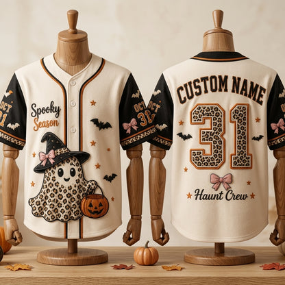 Personalized Spooky Season Halloween Baseball Jersey - Custom Name Leopard Print Ghost Haunt Crew Button Down