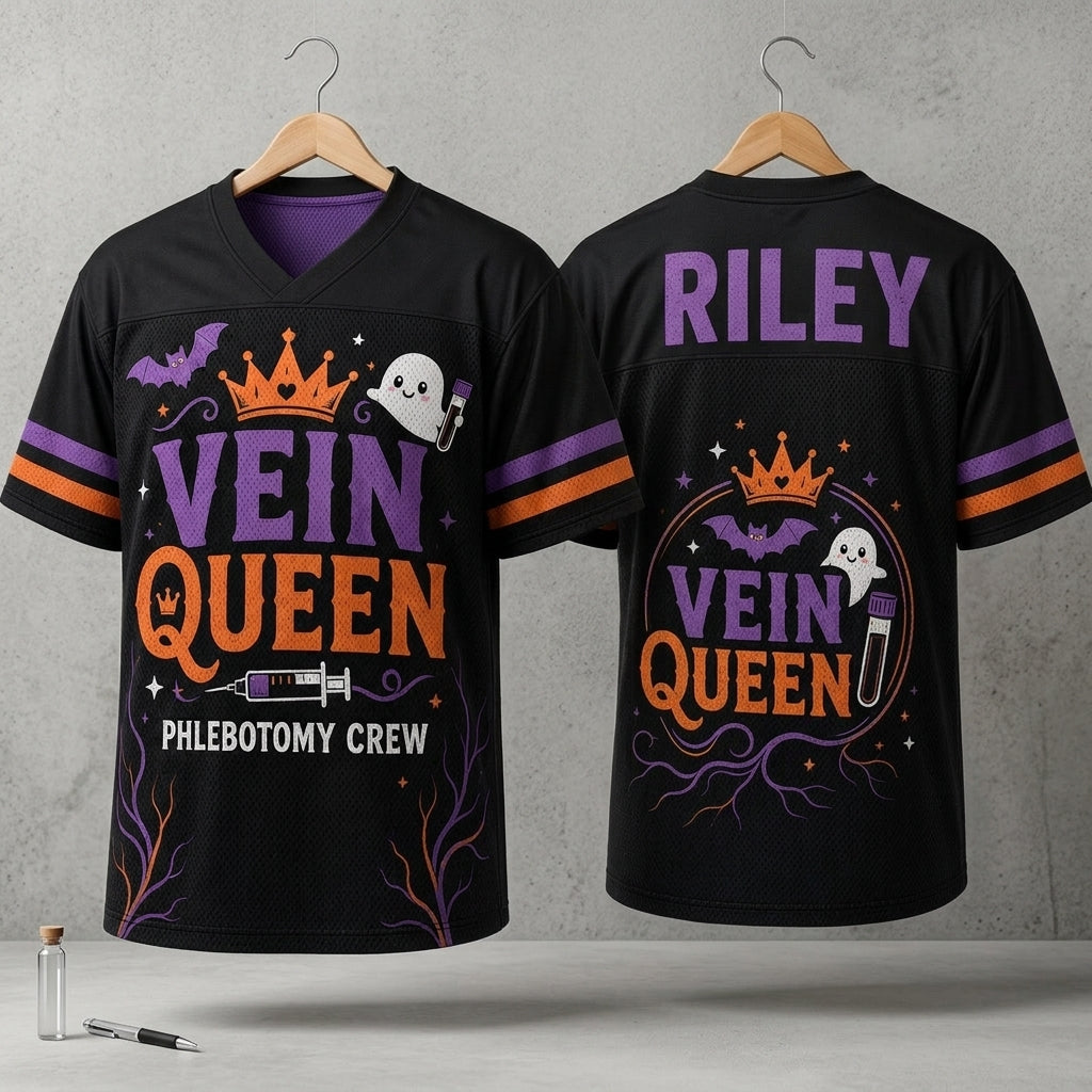 Personalized Vein Queen Phlebotomy Crew Football Jersey - Custom Name Halloween Phlebotomist Gift