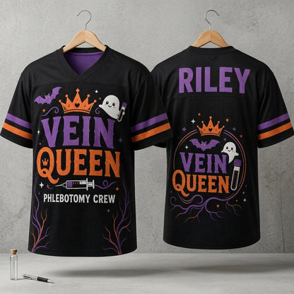 Personalized Vein Queen Phlebotomy Crew Football Jersey - Custom Name Halloween Phlebotomist Gift