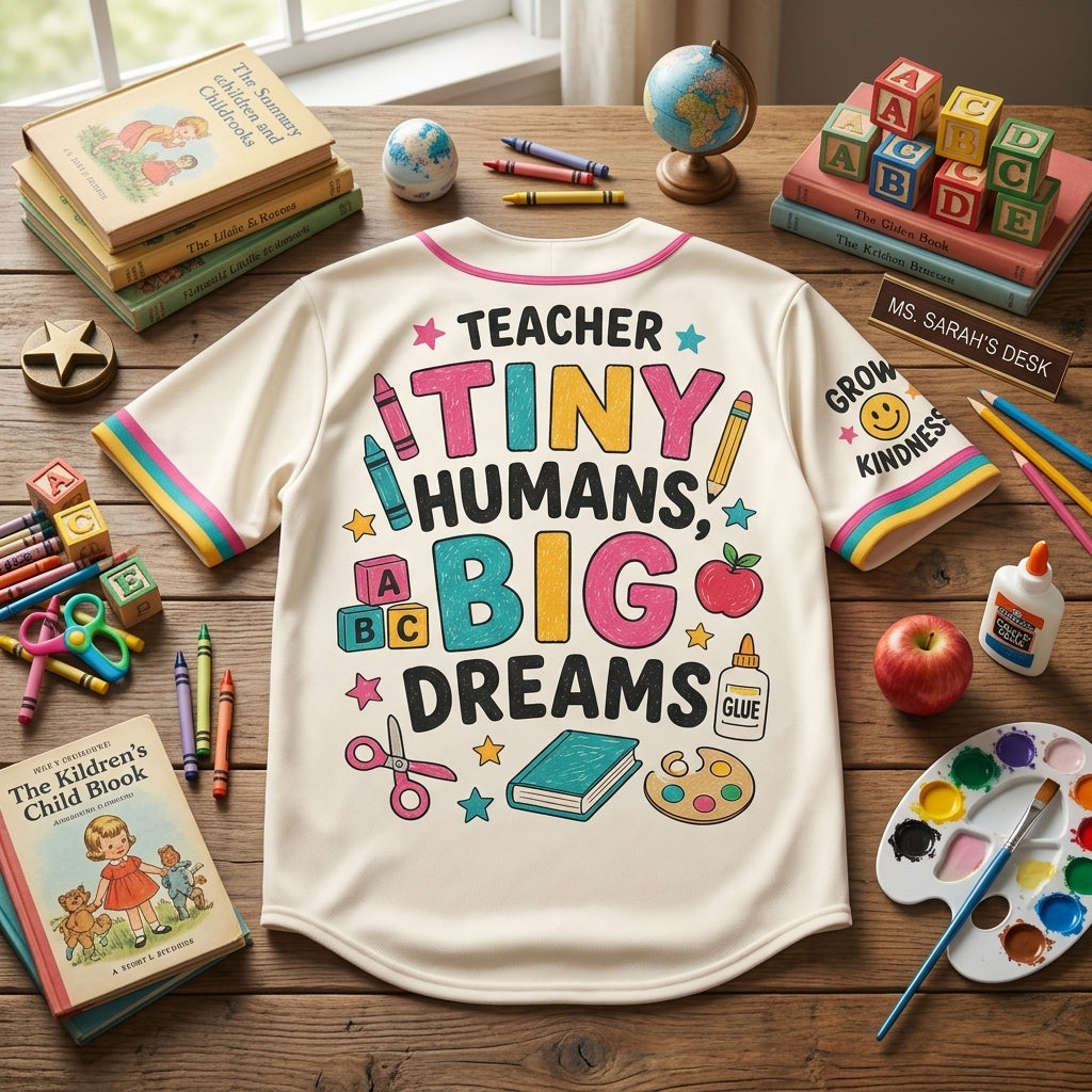 Teacher Tiny Humans Big Dreams Baseball Jersey - Cute Personalized Gift for Preschool & Elementary Educators