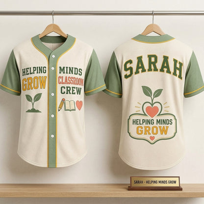 Personalized Helping Minds Grow Teacher Baseball Jersey - Custom Name Classroom Crew Sporty Shirt