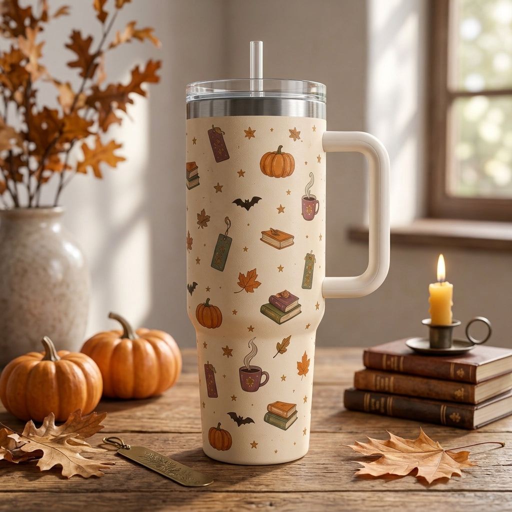 Personalized Booked for Halloween 40oz Tumbler - Custom Ghost Reading Books Gift for Teacher & Librarian