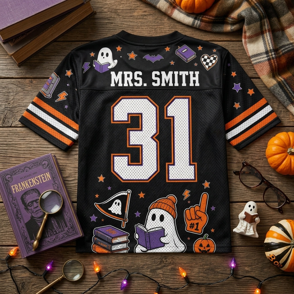 Personalized Boo Crew Halloween Teacher Football Jersey - Custom Ghost Reading Jersey for Librarians