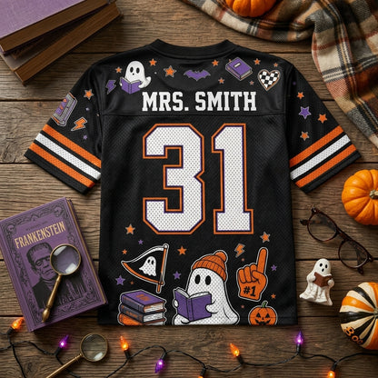 Personalized Boo Crew Halloween Teacher Football Jersey - Custom Ghost Reading Jersey for Librarians