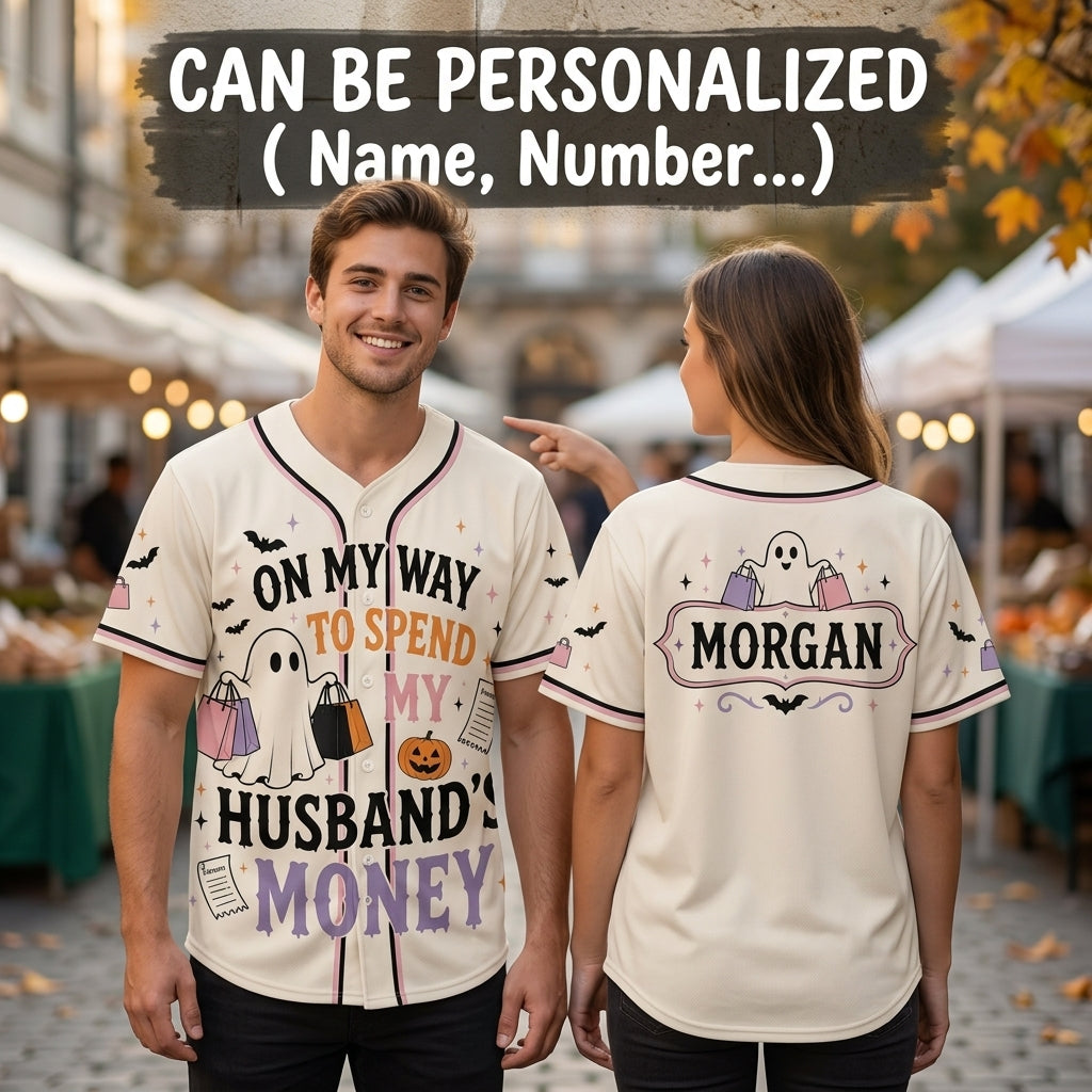 Personalized Spooky Shopping Ghost Baseball Jersey - Custom Name Funny Halloween Wife Gift Shirt