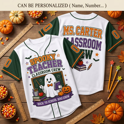Personalized Spooky Teacher Baseball Jersey - Custom Classroom Crew Halloween Shirt, Back to School Boo Crew Gift