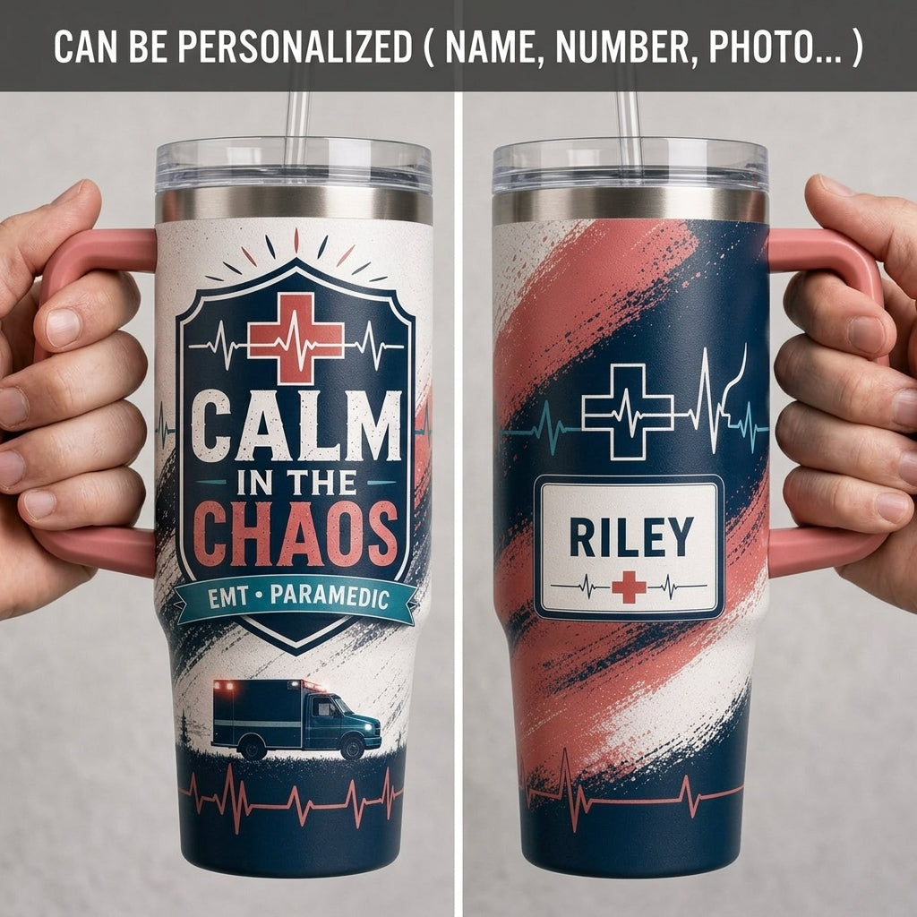 Personalized EMT Paramedic Calm in the Chaos 40oz Tumbler with Handle, Custom Name First Responder Gift