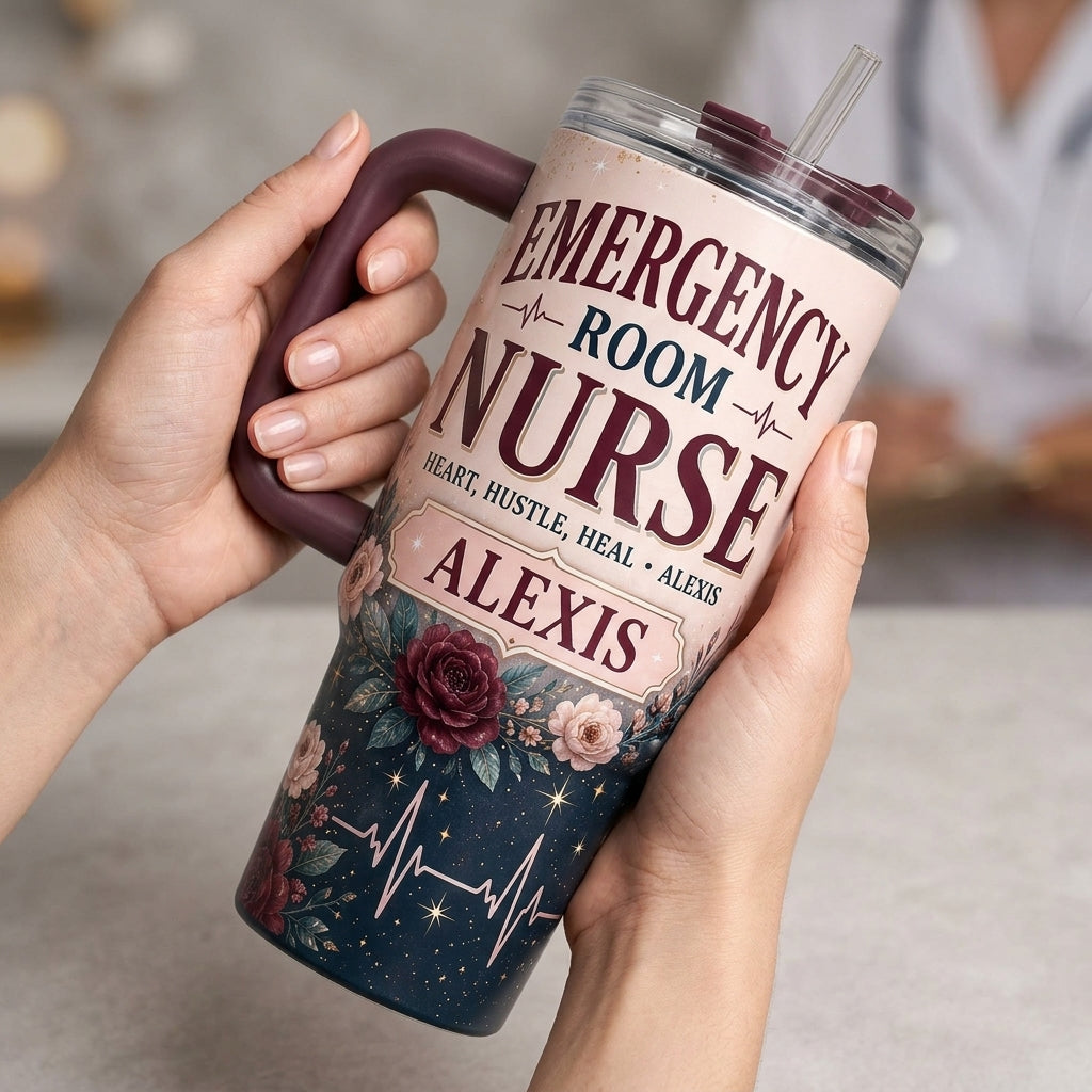 Personalized Emergency Room Nurse 40oz Tumbler with Handle - Custom Name Floral ER Nurse Gift