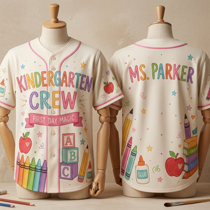 Personalized Kindergarten Crew Teacher Baseball Jersey - Custom Name Back to School Sporty Shirt