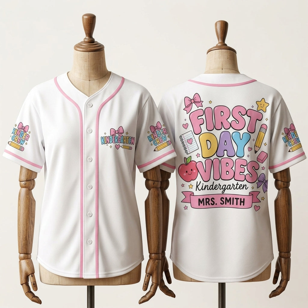 Personalized First Day Vibes Kindergarten Baseball Jersey - Custom Name Kinder Crew Teacher Shirt