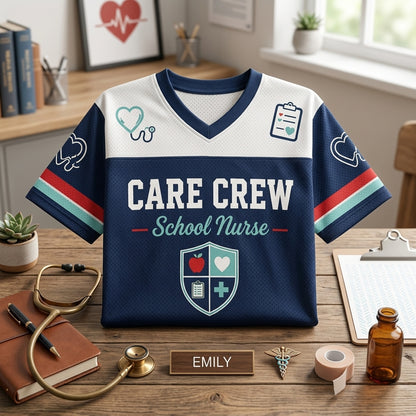 Personalized School Nurse Football Jersey - Custom Name Care Crew Mesh Athletic Shirt