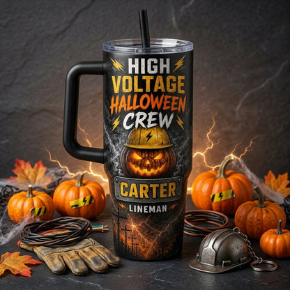 Personalized Lineman High Voltage Halloween Crew 40oz Tumbler with Handle - Custom Name Gift