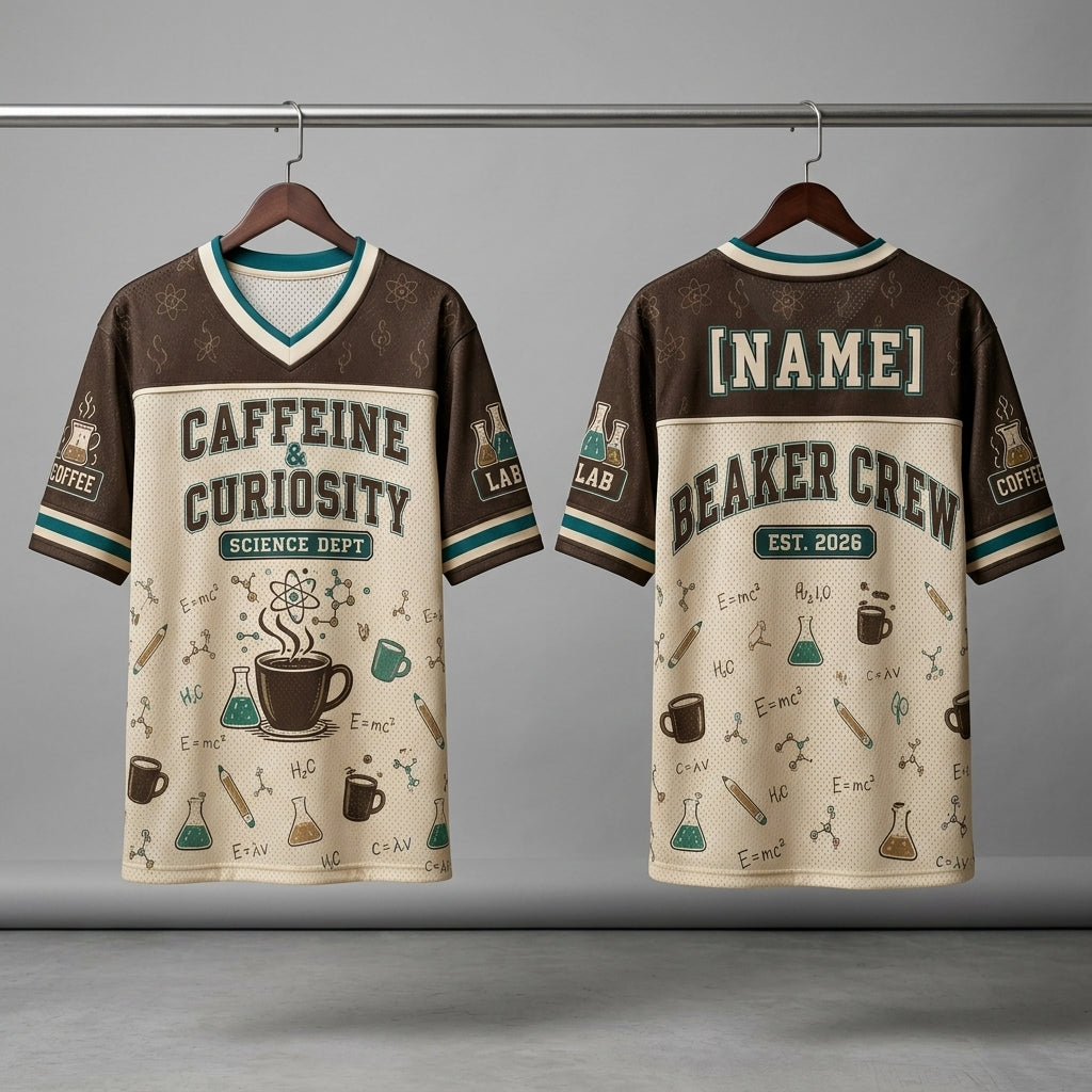 Personalized Caffeine & Curiosity Science Dept Jersey - Custom Name Beaker Crew Football Jersey