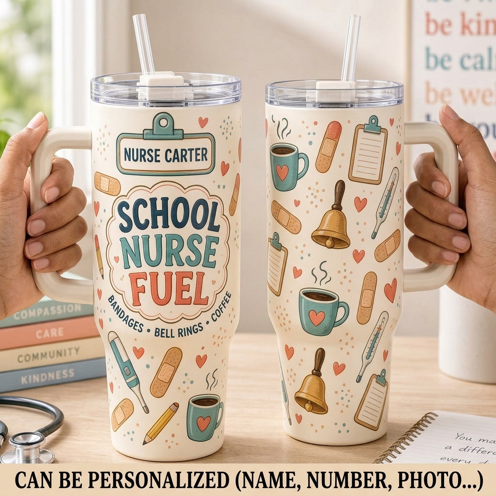 Personalized School Nurse Fuel 40oz Tumbler with Handle - Custom Name Retro Medical Gift