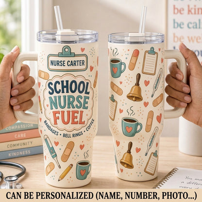 Personalized School Nurse Fuel 40oz Tumbler with Handle - Custom Name Retro Medical Gift