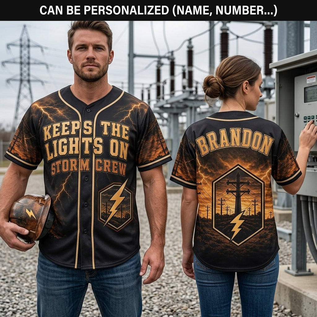 Personalized Lineman Storm Crew Baseball Jersey - Keeps The Lights On Custom Name Shirt