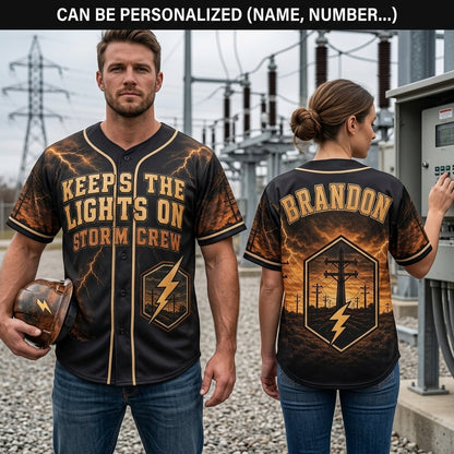 Personalized Lineman Storm Crew Baseball Jersey - Keeps The Lights On Custom Name Shirt