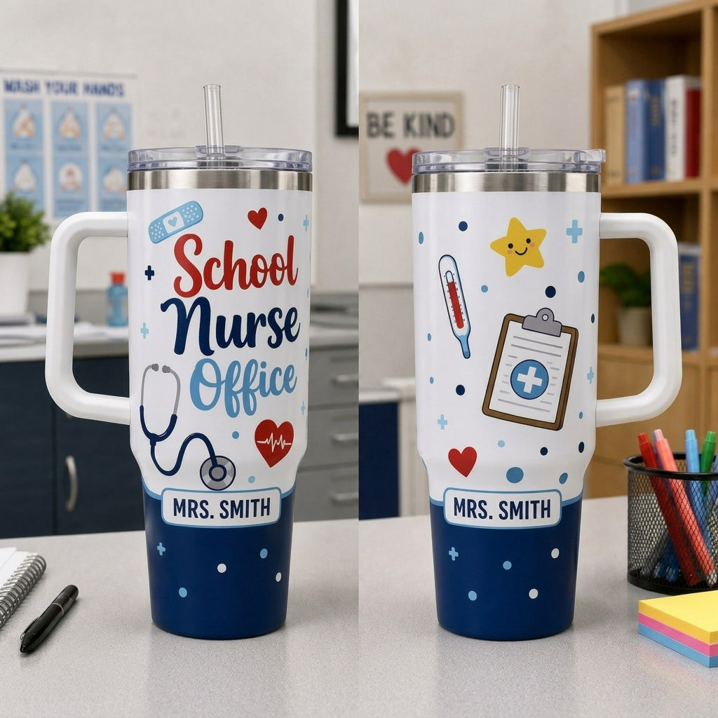 Personalized School Nurse Office 40oz Tumbler with Handle - Custom Name Travel Mug Gift