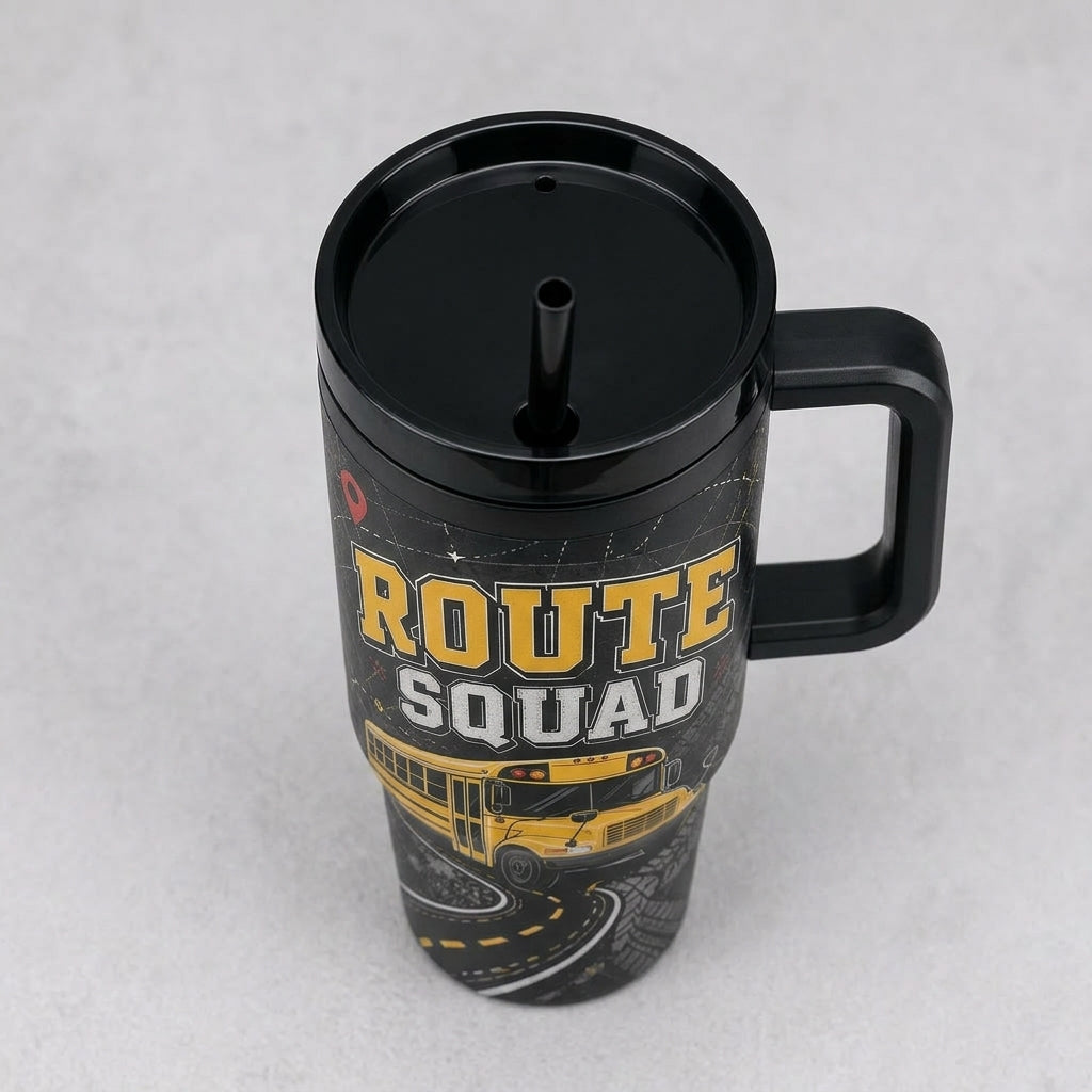 Personalized School Bus Driver 40oz Tumbler with Handle - Custom Route Squad Gift