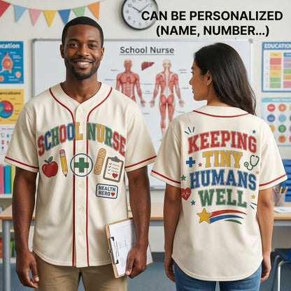 Personalized School Nurse Baseball Jersey - Keeping Tiny Humans Well Athletic Shirt - Health Hero Gift