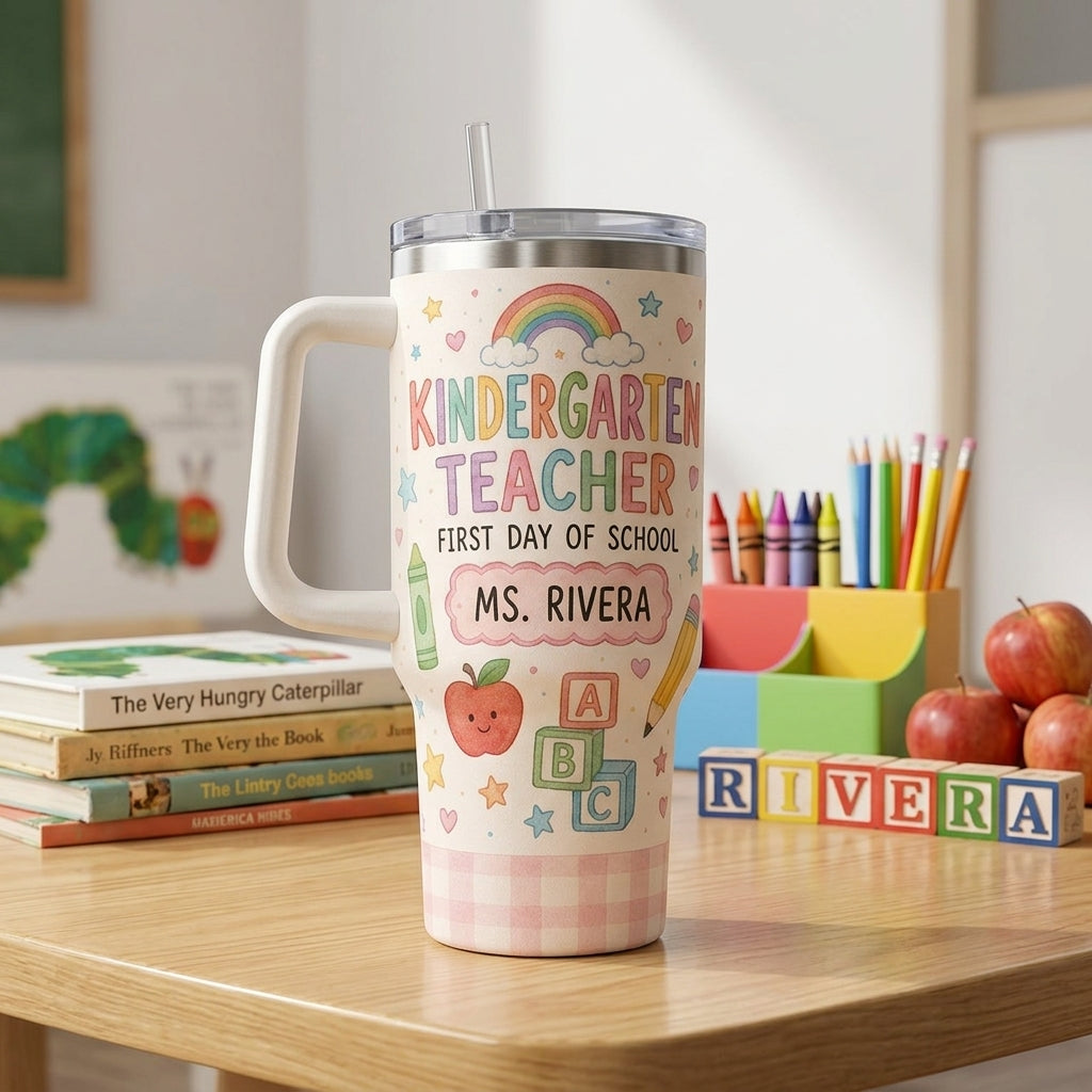 Personalized Kindergarten Teacher 40oz Tumbler with Handle - Custom First Day of School Gift for Teachers