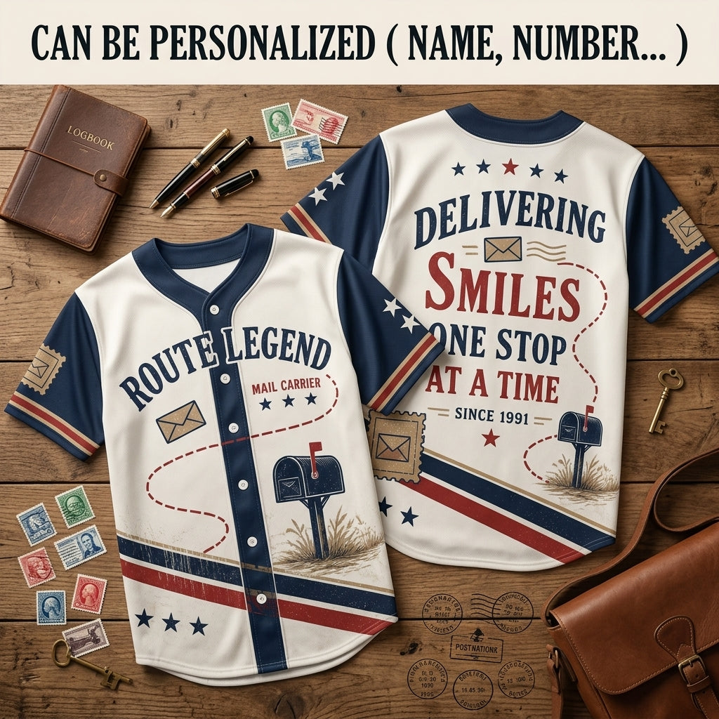 Personalized Route Legend Mail Carrier Baseball Jersey - Custom Year Delivering Smiles Postal Worker Gift