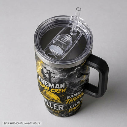 Personalized Lineman Storm Crew 40oz Tumbler with Handle - Custom Name Electrician Gift