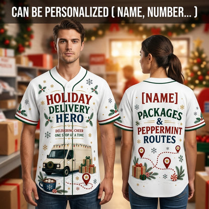 Personalized Holiday Delivery Hero Baseball Jersey - Custom Name Christmas Delivery Driver Uniform