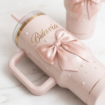 Personalized Coquette Pink Bow 40oz Tumbler with Handle - Custom Bridesmaid Name Gift