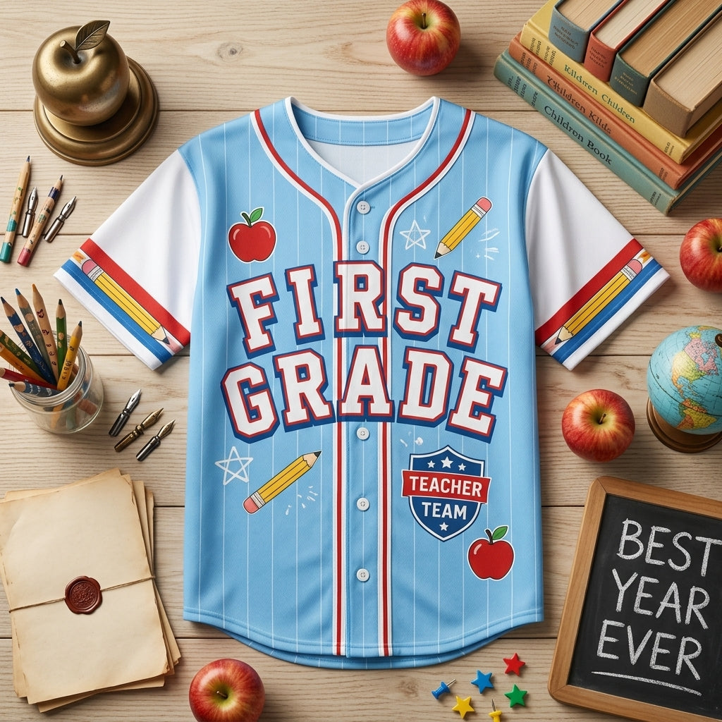 Personalized First Grade Teacher Baseball Jersey - Custom Name Back to School Outfit - Light Blue Pinstripe Teacher Team Apparel