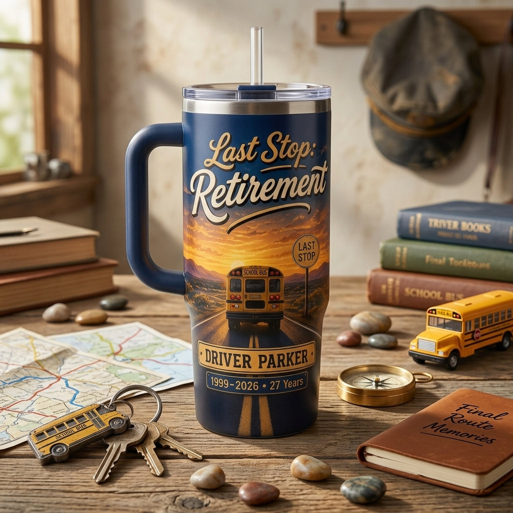 Personalized School Bus Driver Retirement 40oz Tumbler with Handle - Custom Name & Years Final Route Gift