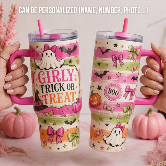 Girly Trick or Treat 40oz Tumbler with Handle - Cute Pink Ghost Halloween Insulated Travel Mug