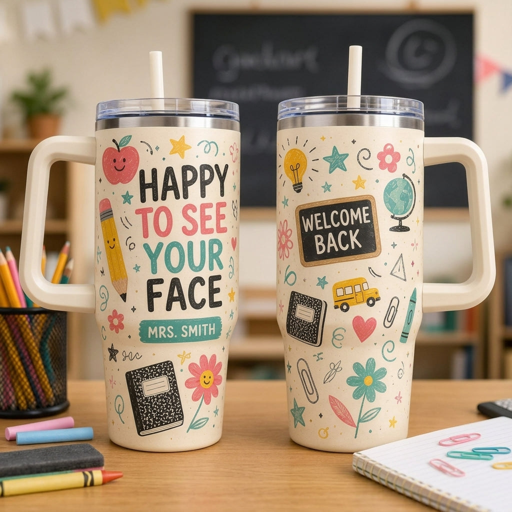 Personalized Teacher 40oz Tumbler with Handle - Custom Name School Gift - Happy To See Your Face Design